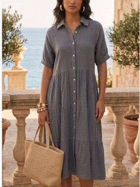 NWT R.Vivimos Women's Linen Button Down Shirt Dress Short Sleeve Gray Size XL